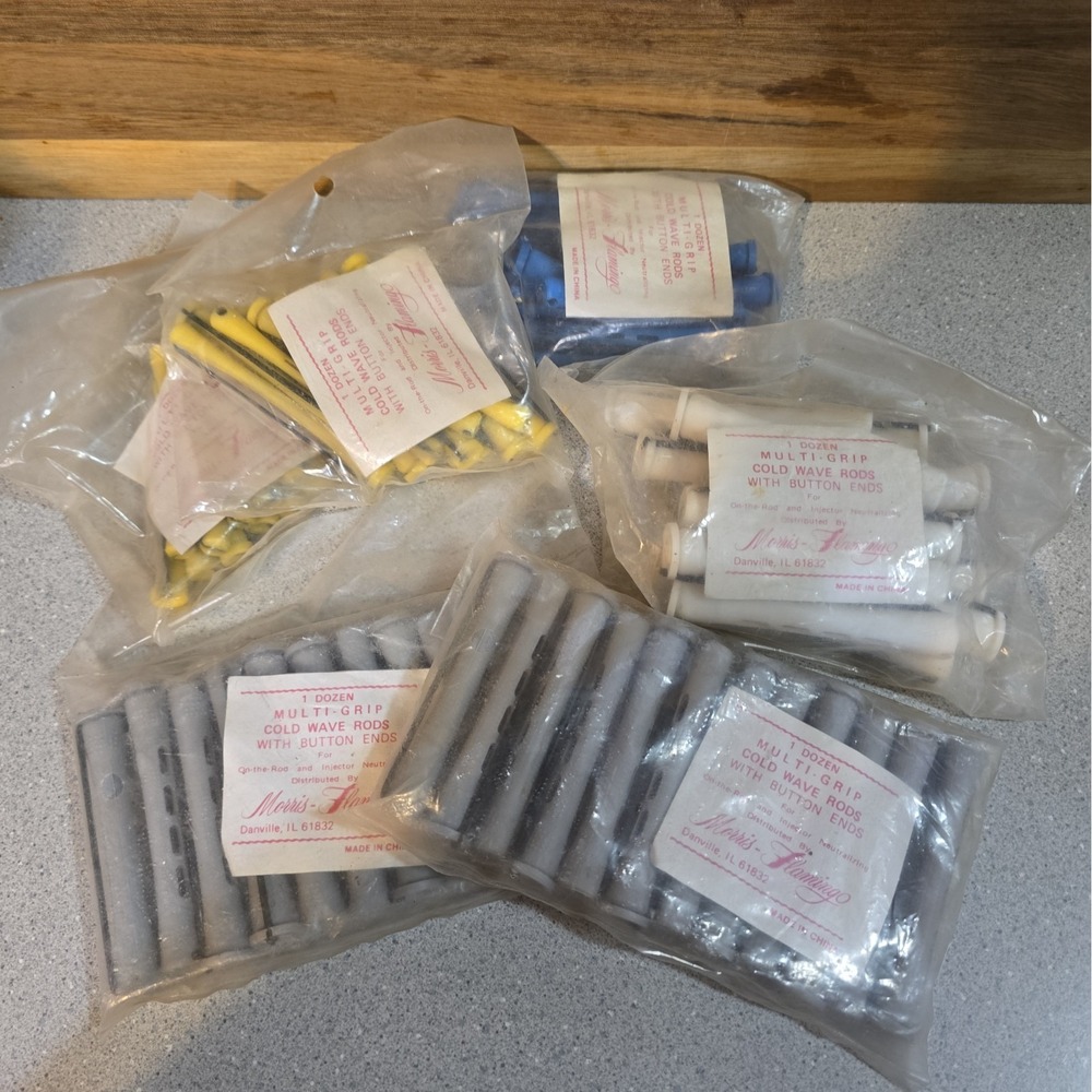Vintage Lot 6 Dozen Perm Rods Stretch Cap Mixed Sizes Lot Curlers New Dead Stock